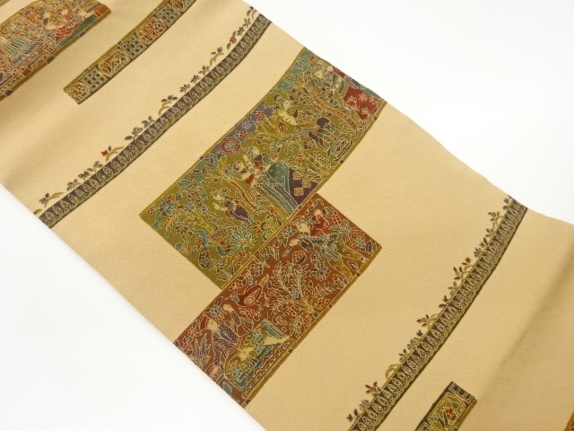 縮緬地民族人物に鳥獣・草花模様名古屋帯